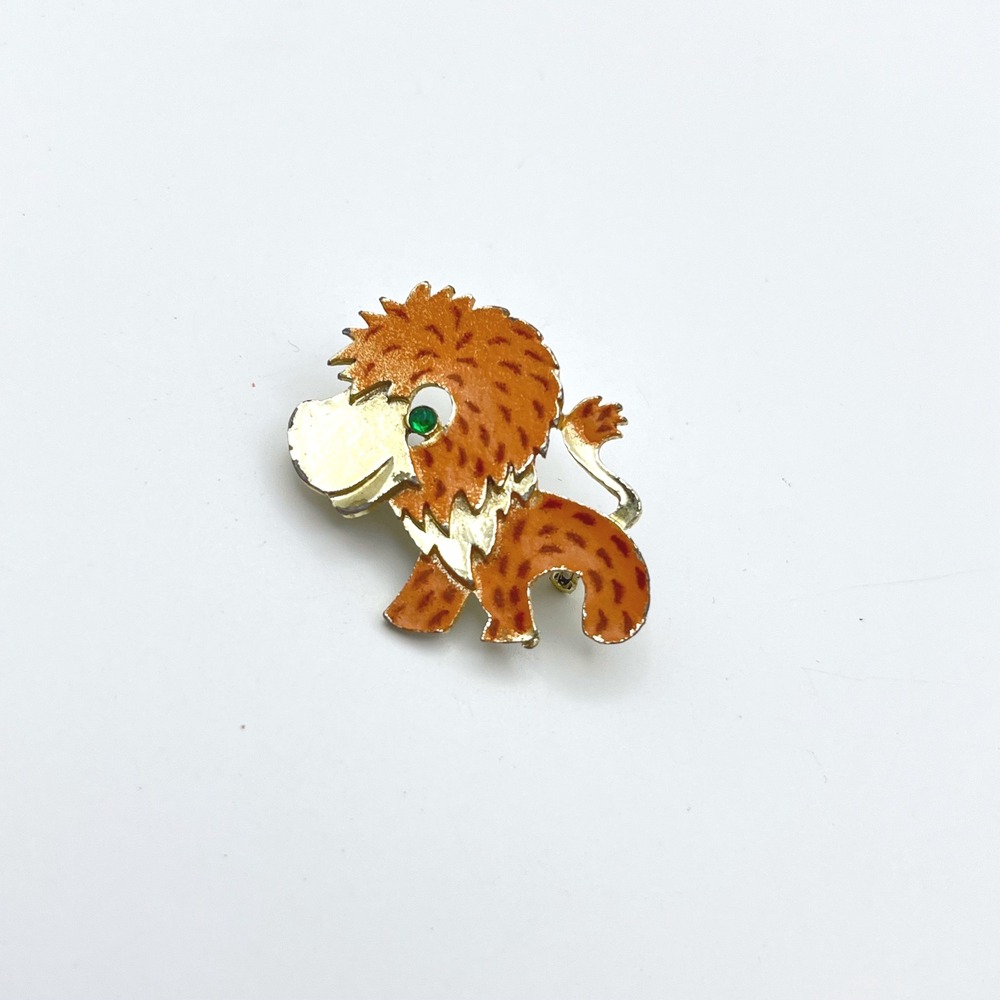 Vintage Enamel Lion Brooch Orange Gold Tone Green Rhinestone‎ Eye Animal Pin